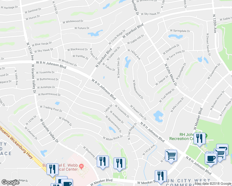 map of restaurants, bars, coffee shops, grocery stores, and more near 20309 North 145th Drive in Sun City West