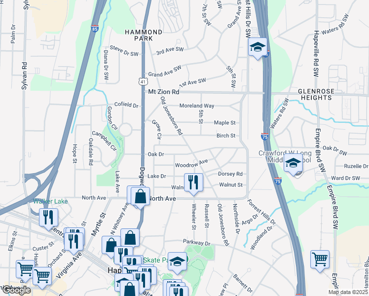 map of restaurants, bars, coffee shops, grocery stores, and more near 3070 Jackson Street in Hapeville