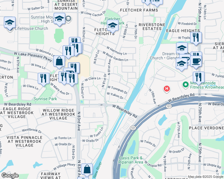 map of restaurants, bars, coffee shops, grocery stores, and more near 8039 West Tonopah Drive in Peoria