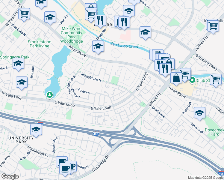 map of restaurants, bars, coffee shops, grocery stores, and more near 563 Springbrook North in Irvine