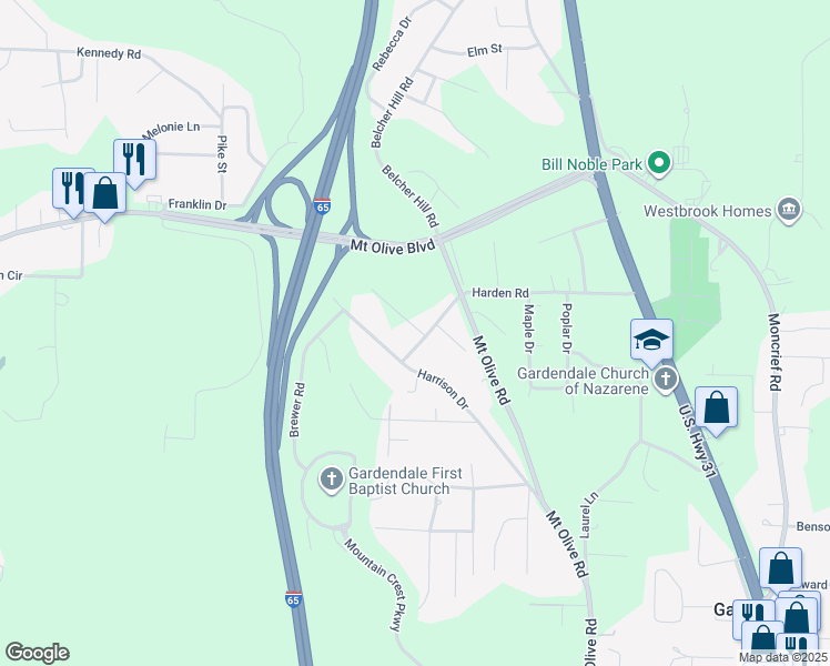 map of restaurants, bars, coffee shops, grocery stores, and more near 458 Harden Rd in Gardendale
