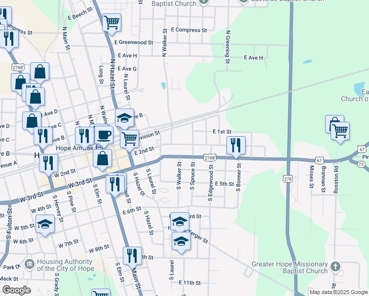 map of restaurants, bars, coffee shops, grocery stores, and more near 611 East 2nd Street in Hope