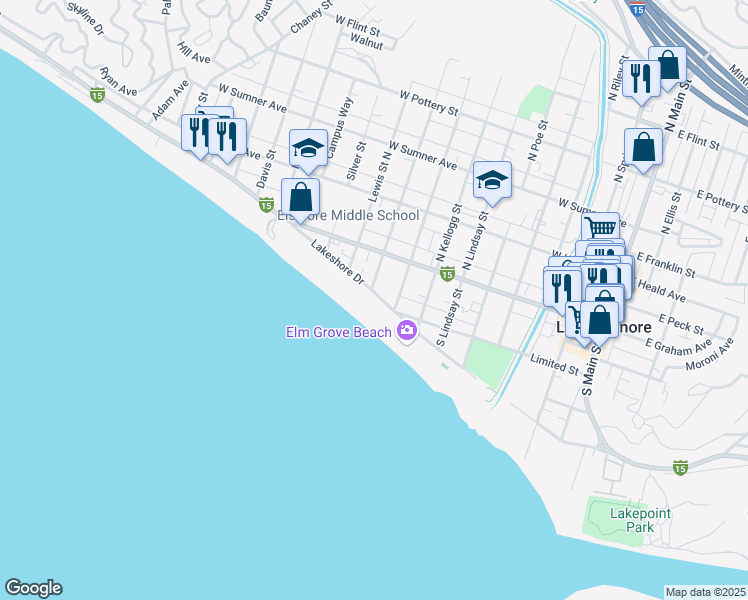 map of restaurants, bars, coffee shops, grocery stores, and more near in Lake Elsinore
