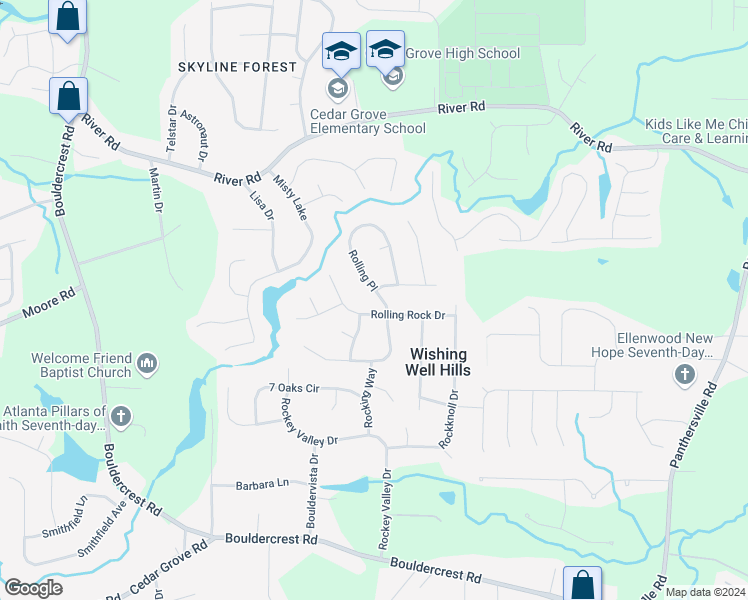 map of restaurants, bars, coffee shops, grocery stores, and more near 3841 Rolling Place in Conley