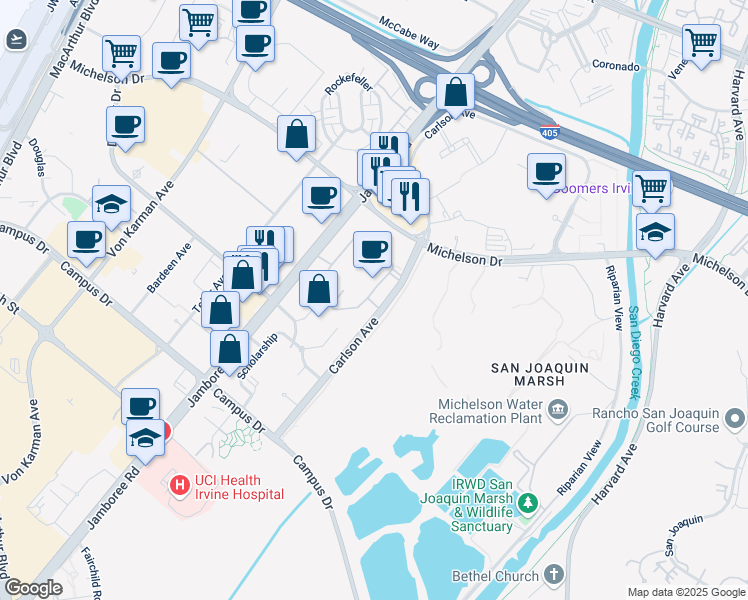 map of restaurants, bars, coffee shops, grocery stores, and more near 30 Palatine in Irvine
