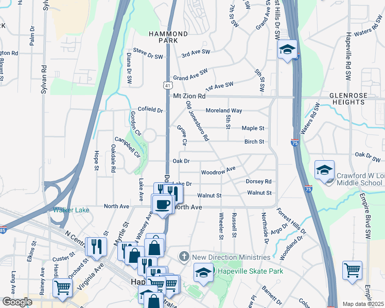 map of restaurants, bars, coffee shops, grocery stores, and more near 3104 Jackson Street in Hapeville