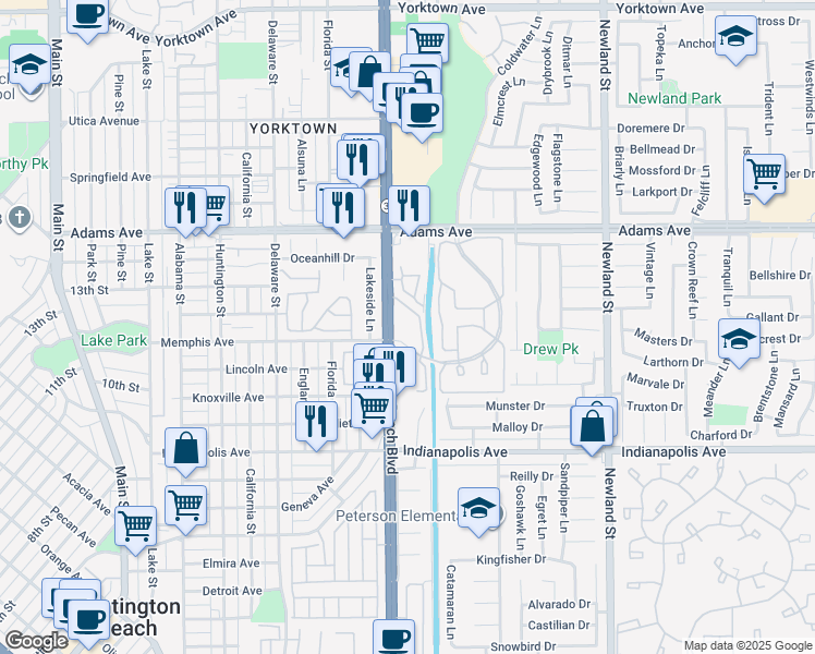 map of restaurants, bars, coffee shops, grocery stores, and more near 20191 Cape Coral Lane in Huntington Beach