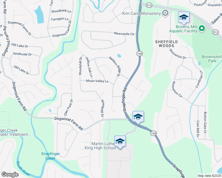map of restaurants, bars, coffee shops, grocery stores, and more near 3827 Raiders Ridge Drive in Stonecrest