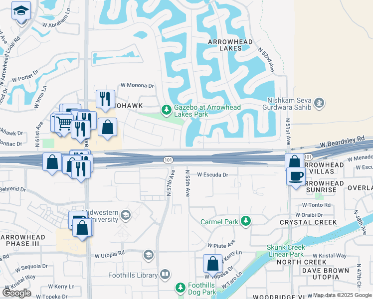 map of restaurants, bars, coffee shops, grocery stores, and more near West Beardsley Road in Glendale