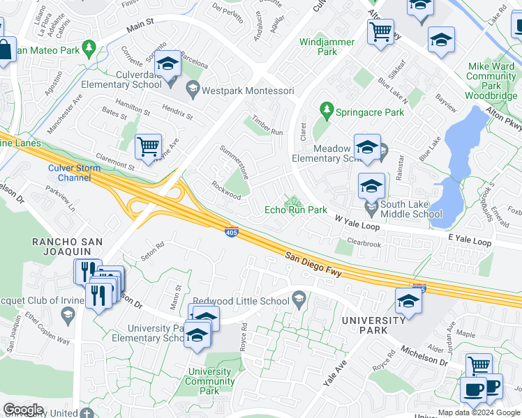 map of restaurants, bars, coffee shops, grocery stores, and more near 76 Racing Wind in Irvine