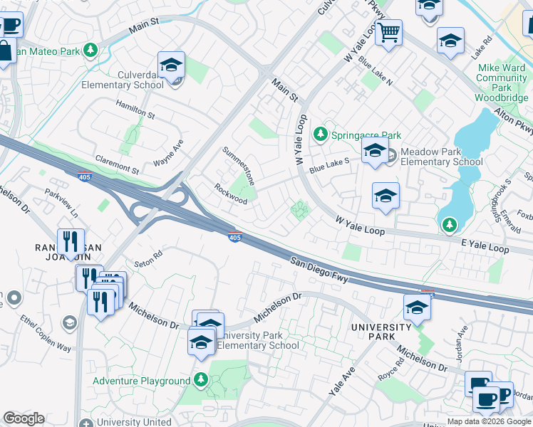 map of restaurants, bars, coffee shops, grocery stores, and more near 76 Racing Wind in Irvine