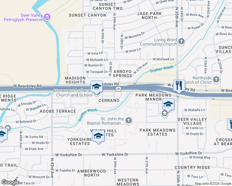 map of restaurants, bars, coffee shops, grocery stores, and more near 20039 North 39th Avenue in Glendale