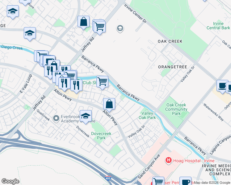 map of restaurants, bars, coffee shops, grocery stores, and more near 38 Sagebrush in Irvine