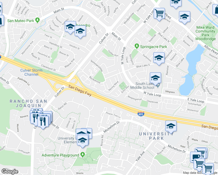 map of restaurants, bars, coffee shops, grocery stores, and more near 38 Racing Wind in Irvine