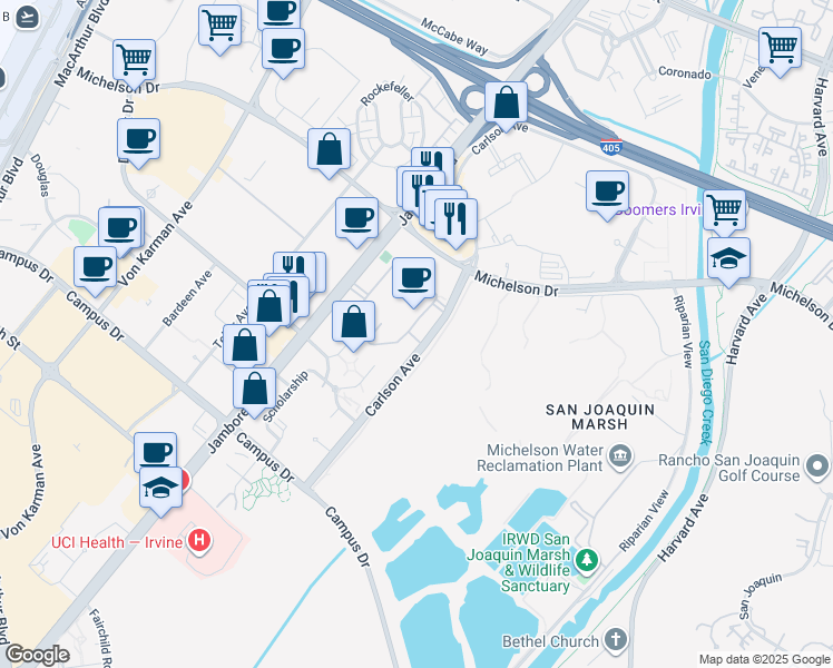 map of restaurants, bars, coffee shops, grocery stores, and more near 30 Palatine in Irvine