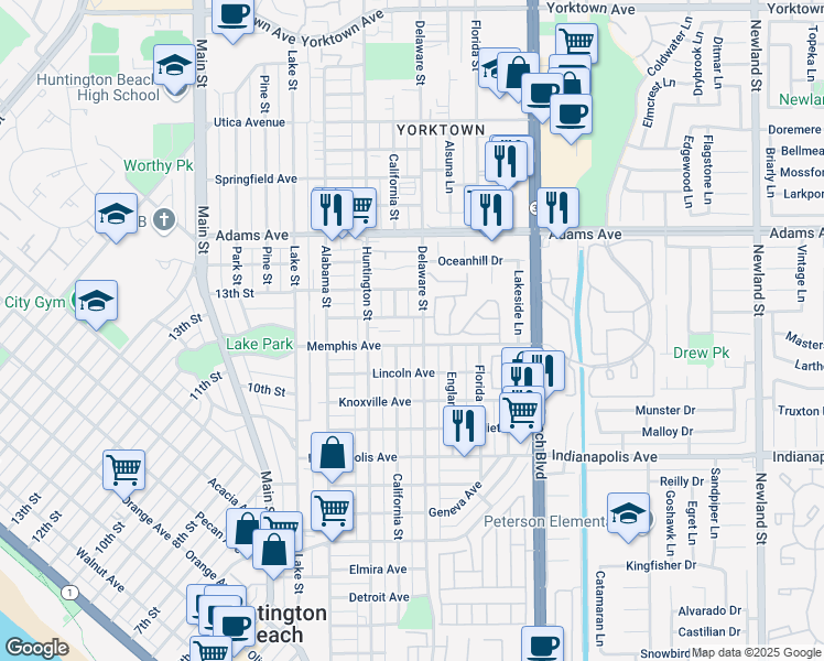map of restaurants, bars, coffee shops, grocery stores, and more near 1335 Delaware Street in Huntington Beach