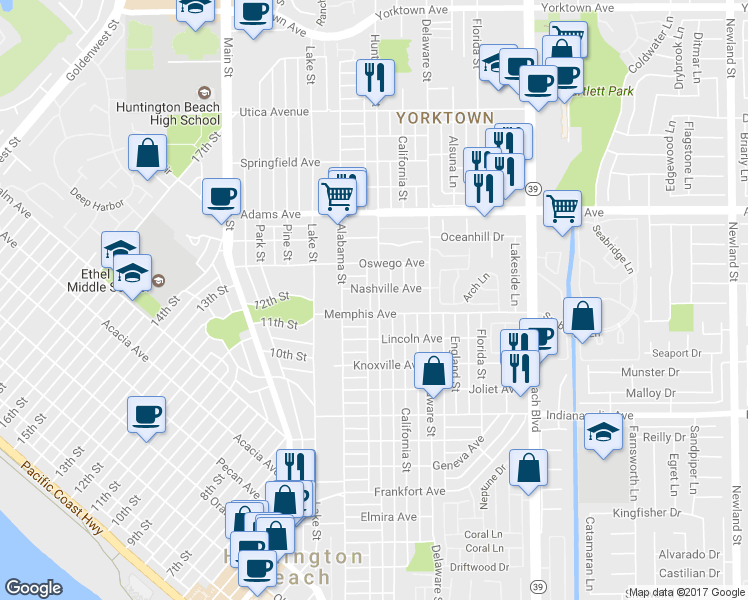 map of restaurants, bars, coffee shops, grocery stores, and more near 212 Nashville Avenue in Huntington Beach