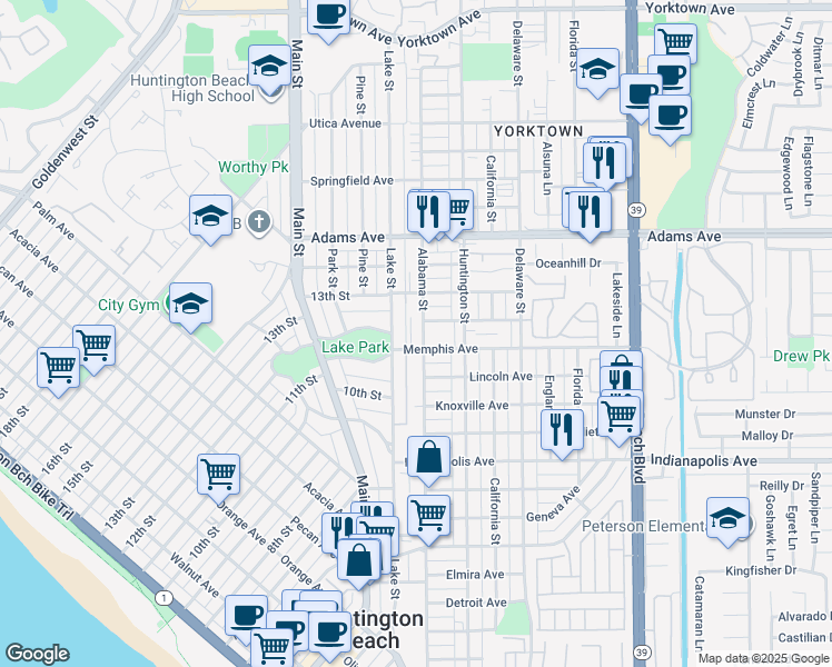 map of restaurants, bars, coffee shops, grocery stores, and more near 1010 Lake Street in Huntington Beach