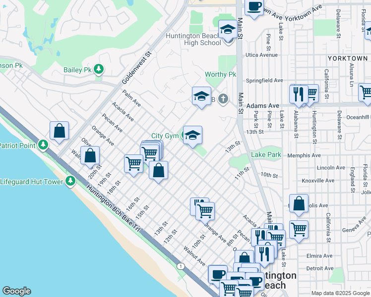 map of restaurants, bars, coffee shops, grocery stores, and more near 622 16th Street in Huntington Beach