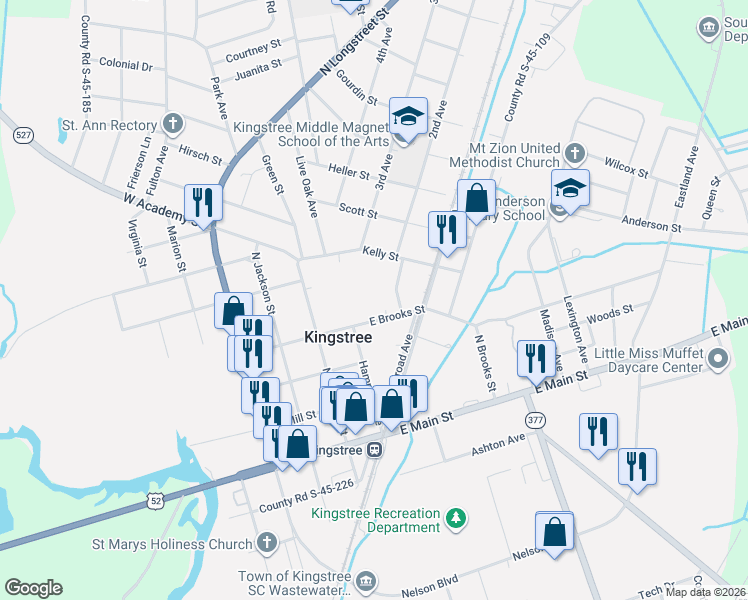 map of restaurants, bars, coffee shops, grocery stores, and more near 417 School Street in Kingstree