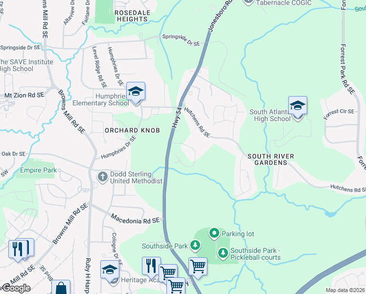 map of restaurants, bars, coffee shops, grocery stores, and more near 3136-3148 Jonesboro Road Southeast in Atlanta