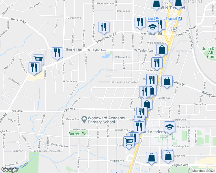 map of restaurants, bars, coffee shops, grocery stores, and more near 1919 Dunlap Avenue in East Point