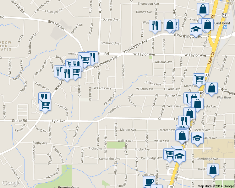 map of restaurants, bars, coffee shops, grocery stores, and more near 3166 Cloverhurst Drive in East Point