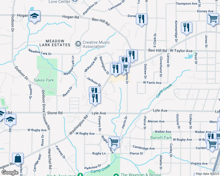 map of restaurants, bars, coffee shops, grocery stores, and more near 3168 Washington Road in Atlanta