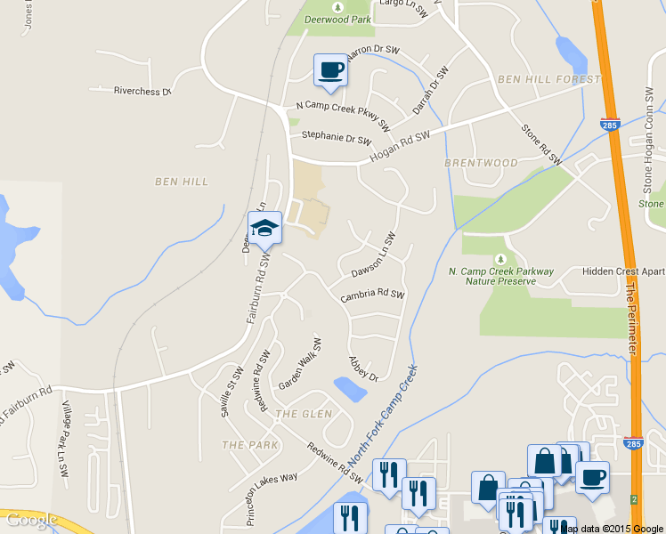 map of restaurants, bars, coffee shops, grocery stores, and more near 3183 Kensington Court Southwest in Atlanta