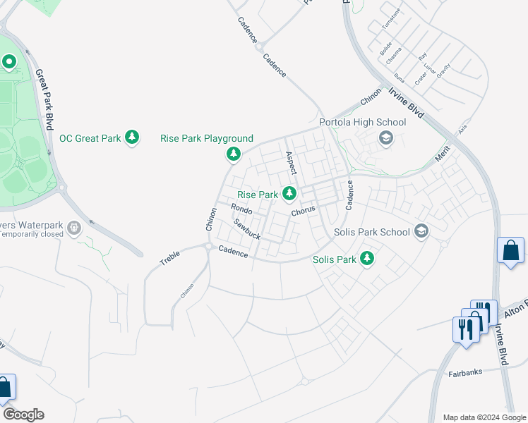 map of restaurants, bars, coffee shops, grocery stores, and more near 139 Rondo in Irvine