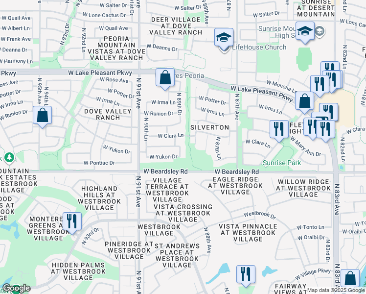 map of restaurants, bars, coffee shops, grocery stores, and more near 20391 North 89th Drive in Peoria