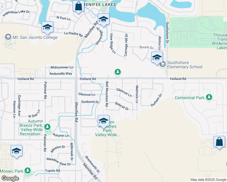 map of restaurants, bars, coffee shops, grocery stores, and more near 29061 Glencoe Lane in Menifee