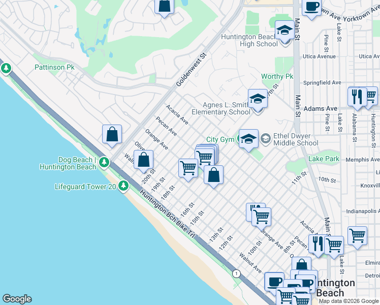map of restaurants, bars, coffee shops, grocery stores, and more near 422 19th Street in Huntington Beach