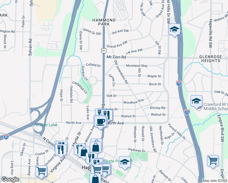map of restaurants, bars, coffee shops, grocery stores, and more near 3104 Jackson Street in Hapeville