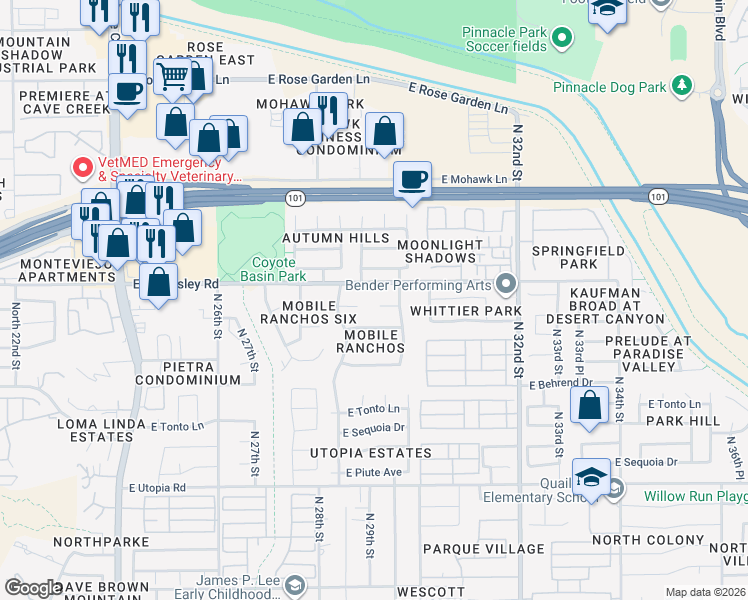 map of restaurants, bars, coffee shops, grocery stores, and more near 2934 East Escuda Road in Phoenix