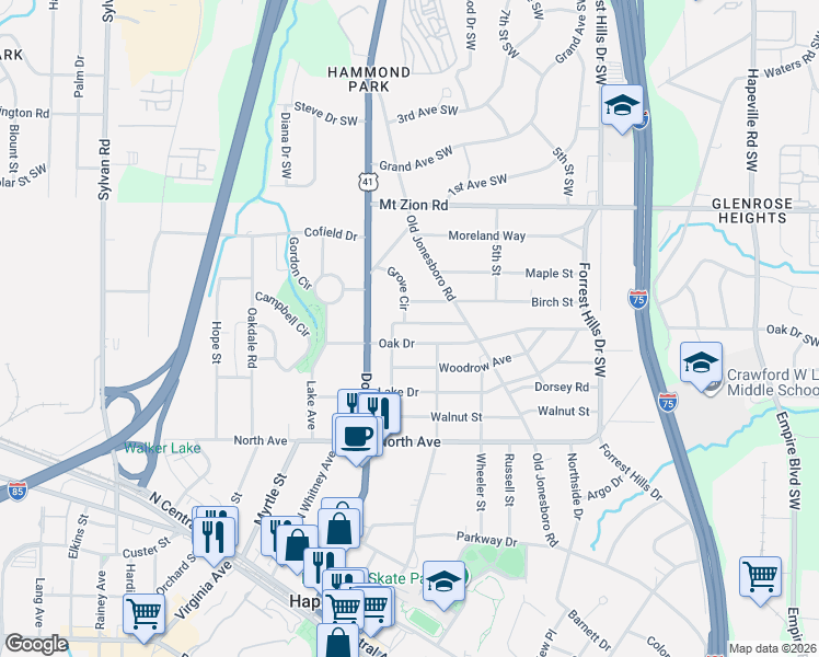 map of restaurants, bars, coffee shops, grocery stores, and more near 3104 Jackson Street in Hapeville