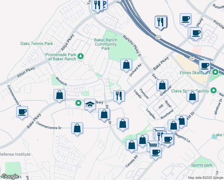 map of restaurants, bars, coffee shops, grocery stores, and more near 125 Wild Rose in Lake Forest