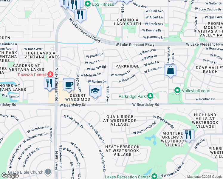 map of restaurants, bars, coffee shops, grocery stores, and more near 9853 West Tonopah Drive in Peoria