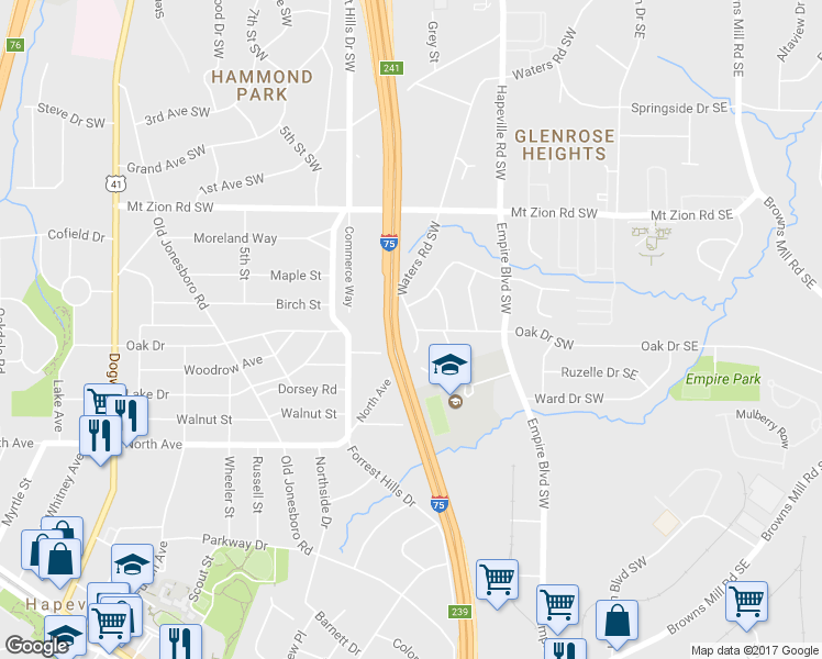 map of restaurants, bars, coffee shops, grocery stores, and more near 4 Oak Drive Southwest in Atlanta