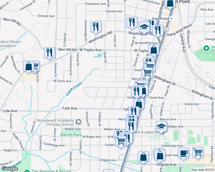 map of restaurants, bars, coffee shops, grocery stores, and more near 1869 Dunlap Avenue in Atlanta