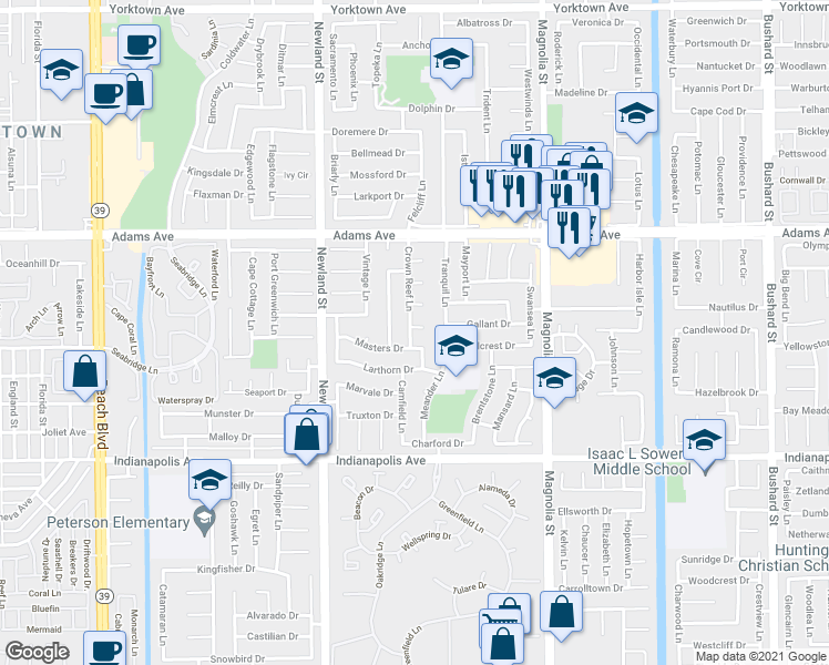 map of restaurants, bars, coffee shops, grocery stores, and more near 8702 Squires Circle in Huntington Beach