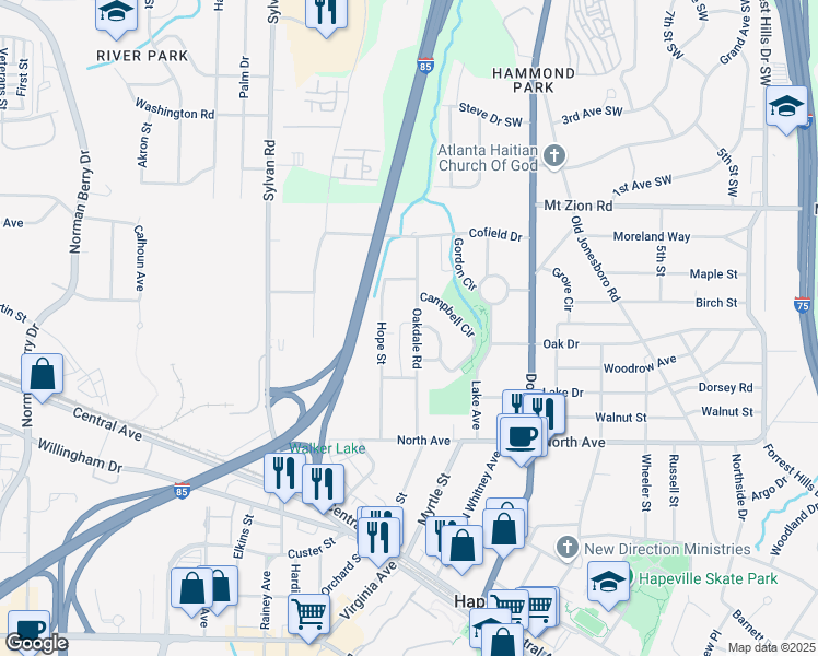 map of restaurants, bars, coffee shops, grocery stores, and more near 3157 Oakdale Road in Atlanta