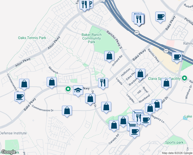 map of restaurants, bars, coffee shops, grocery stores, and more near 115 Wild Rose in Lake Forest