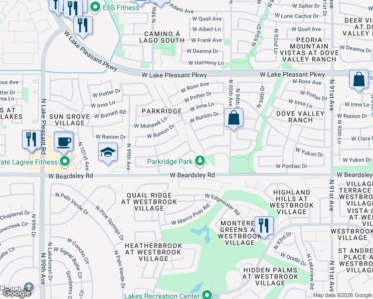 map of restaurants, bars, coffee shops, grocery stores, and more near 9722 West Pontiac Drive in Peoria