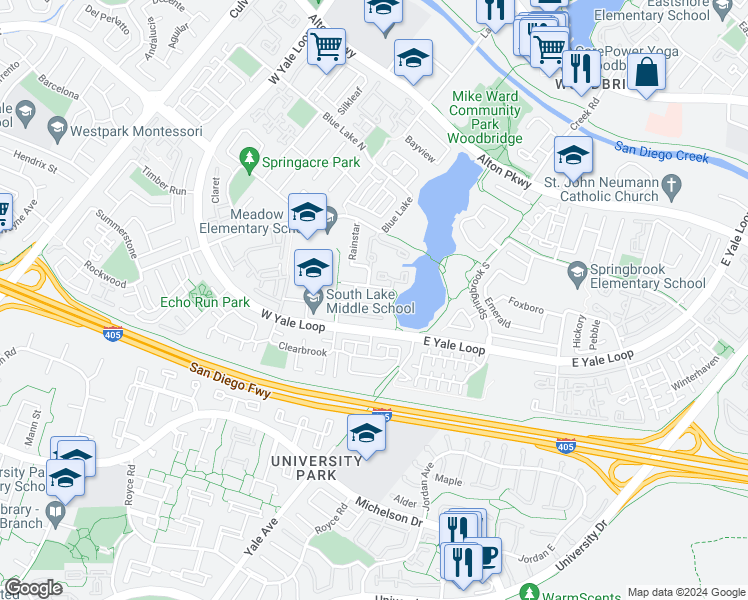 map of restaurants, bars, coffee shops, grocery stores, and more near 17 Warmspring in Irvine