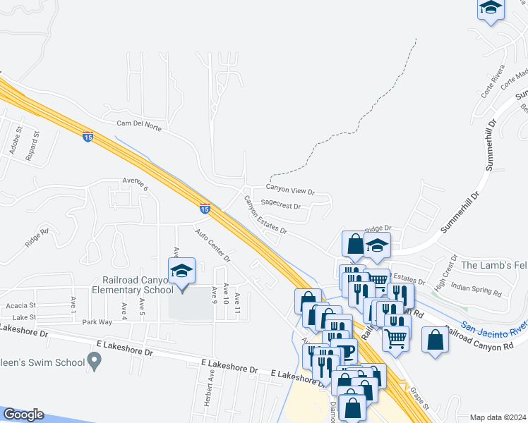 map of restaurants, bars, coffee shops, grocery stores, and more near 31504 Stoney Creek Drive in Lake Elsinore