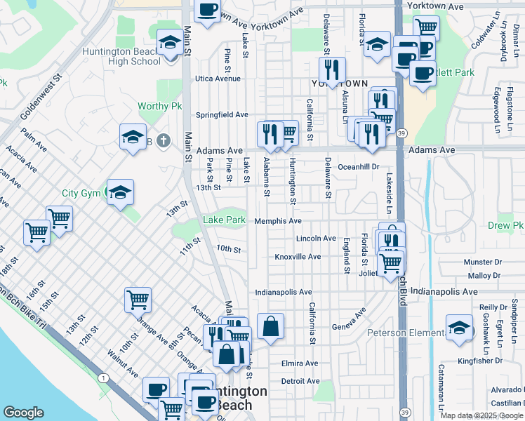 map of restaurants, bars, coffee shops, grocery stores, and more near 1010 Lake Street in Huntington Beach