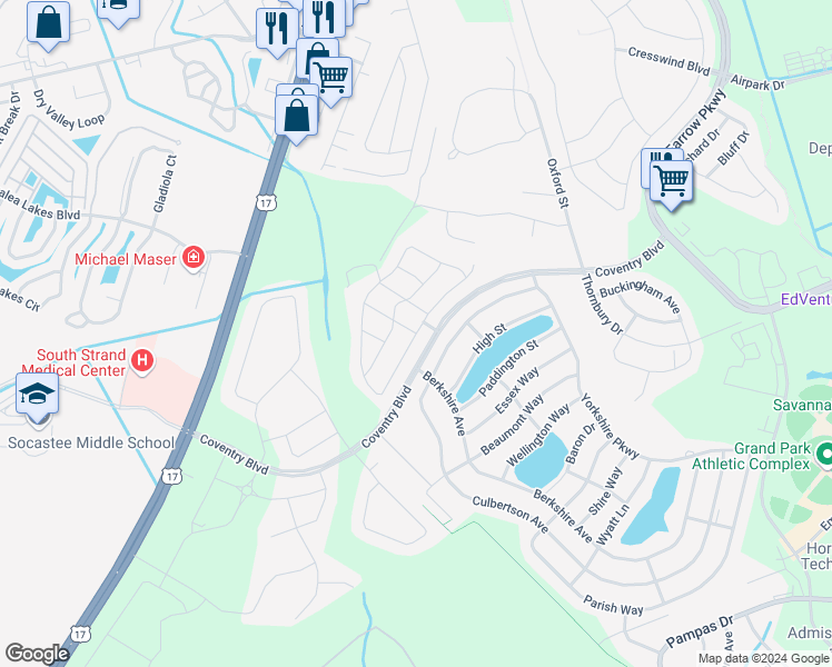 map of restaurants, bars, coffee shops, grocery stores, and more near 2380 Heritage Loop in Myrtle Beach