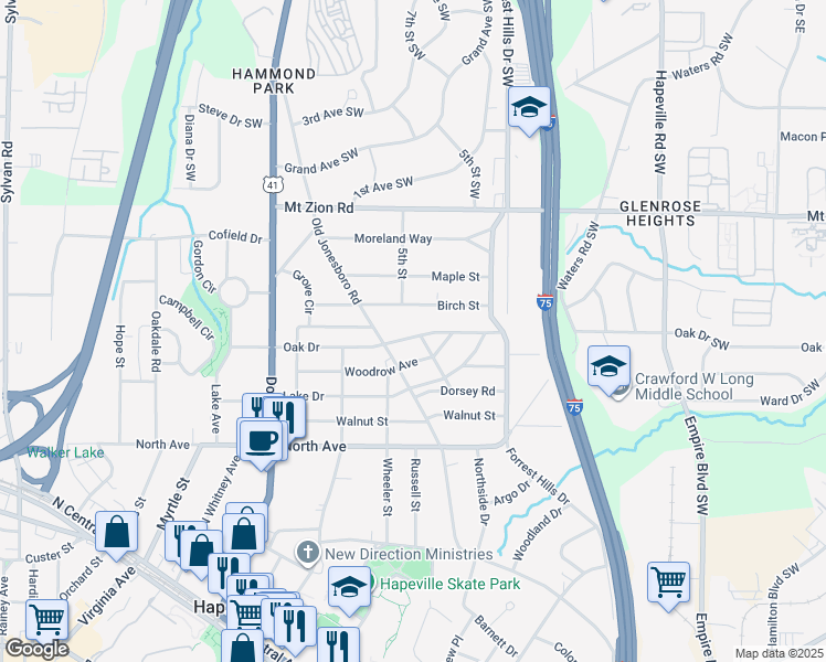 map of restaurants, bars, coffee shops, grocery stores, and more near 485 Oak Drive in Hapeville