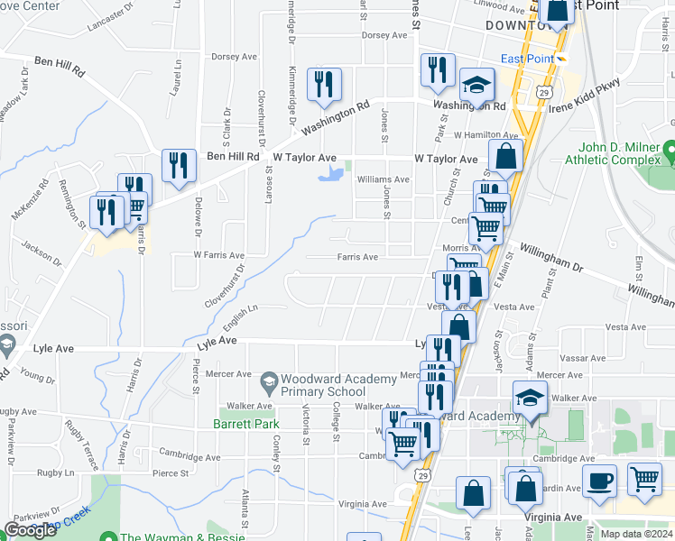map of restaurants, bars, coffee shops, grocery stores, and more near 1901 Dunlap Avenue in East Point